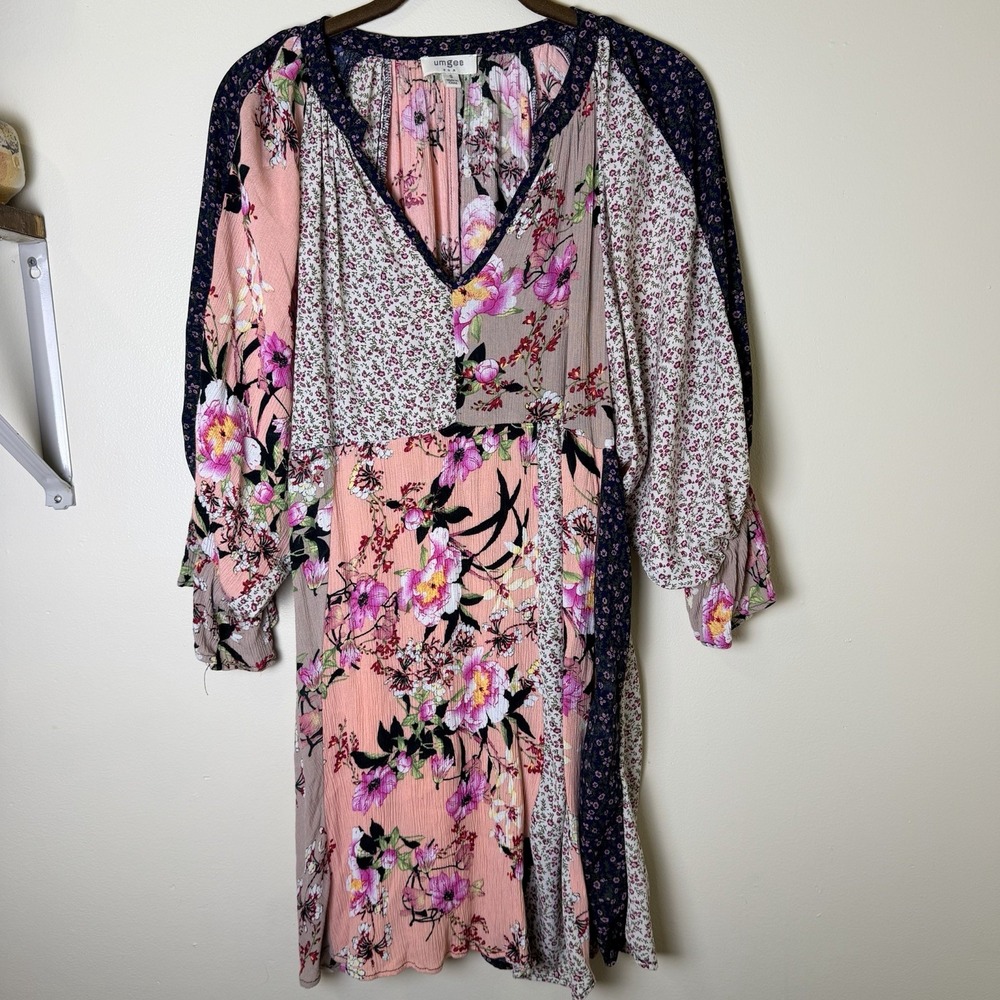 Umgee Floral Boho Dress Size Sm Oversized Popover V Neck 3/4 Sleeves Sheer Boho